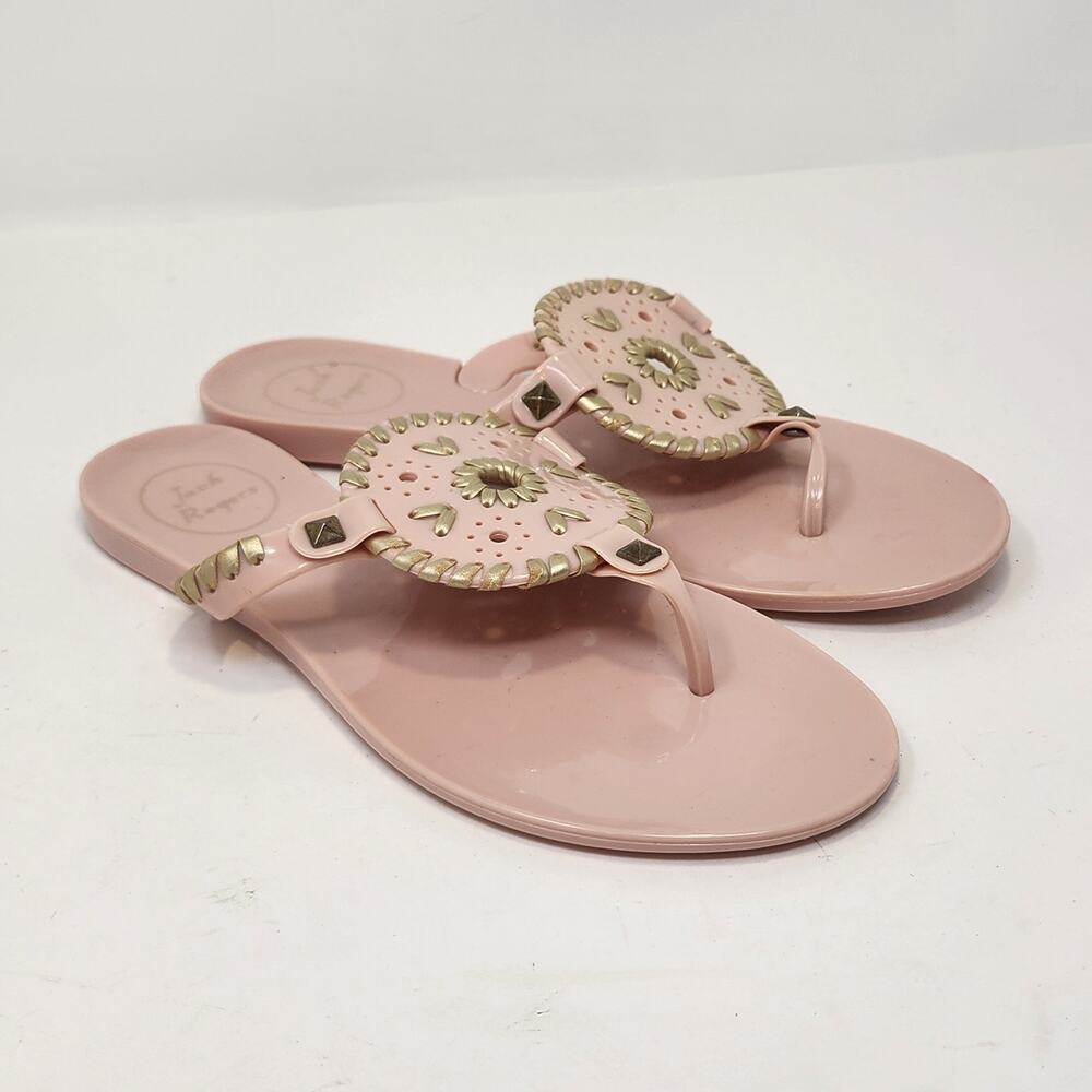 Jack Rogers Georgica Blush Pink Jelly Thong Sandals Size 6 Gold Leather Studs